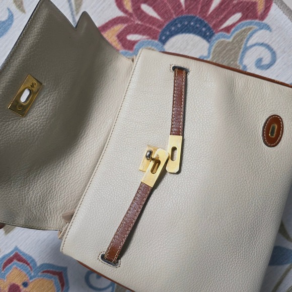 Bally Two Tone Leather Top Handle Kelly Satchel Bag Cream Brown Turnlock Vintage - Picture 8 of 16